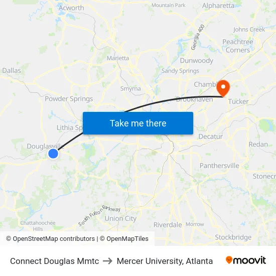 Connect Douglas Mmtc to Mercer University, Atlanta map