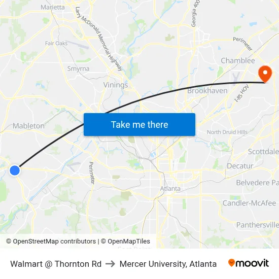 Walmart @ Thornton Rd to Mercer University, Atlanta map