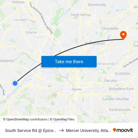 South Service Rd @ Epicenter to Mercer University, Atlanta map