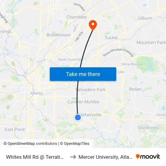 Whites Mill Rd @ Terratim Ln to Mercer University, Atlanta map