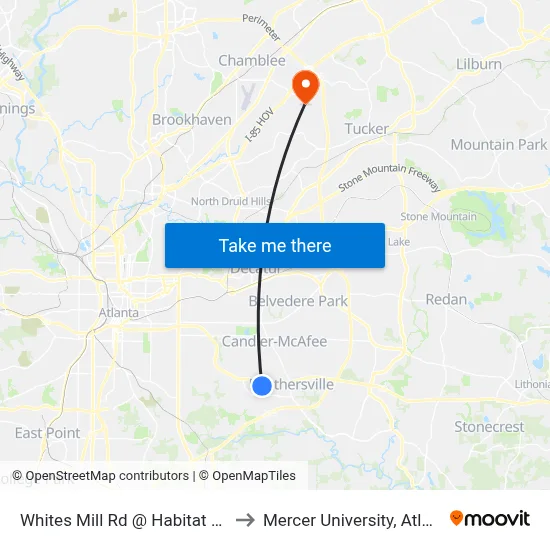Whites Mill Rd @ Habitat Way to Mercer University, Atlanta map