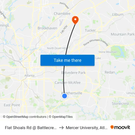 Flat Shoals Rd @ Battlecrest Dr to Mercer University, Atlanta map