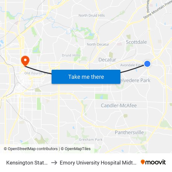 Kensington Station to Emory University Hospital Midtown map