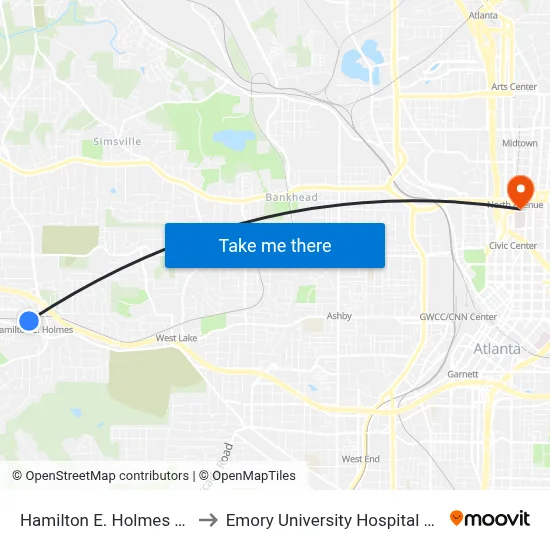 Hamilton E. Holmes Station to Emory University Hospital Midtown map