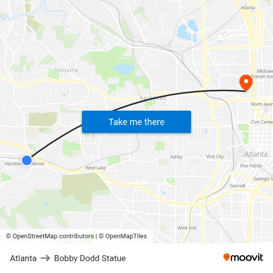 Atlanta to Bobby Dodd Statue map