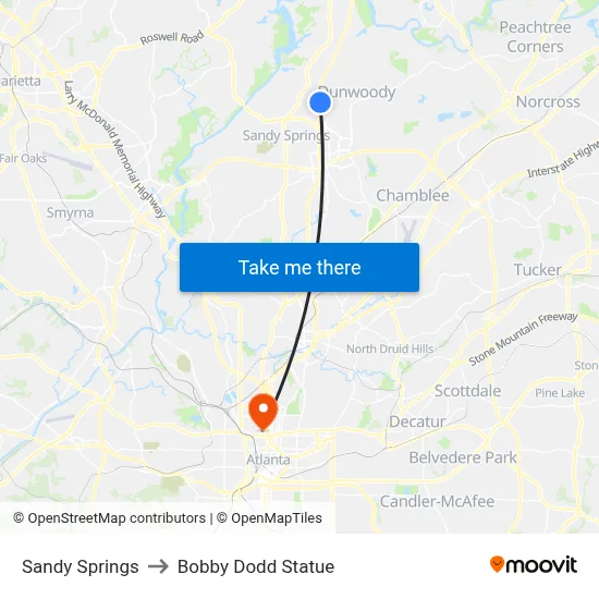 Sandy Springs to Bobby Dodd Statue map