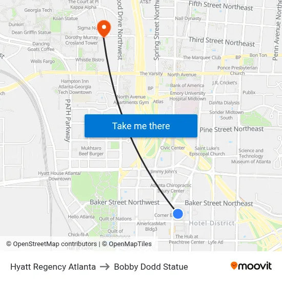 Hyatt Regency Atlanta to Bobby Dodd Statue map