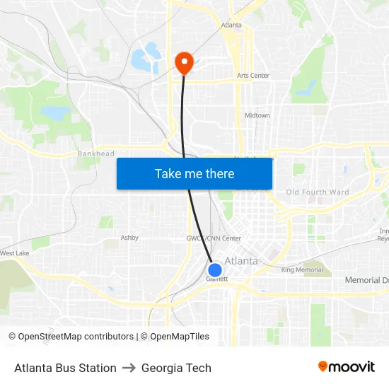 Atlanta Bus Station to Georgia Tech map