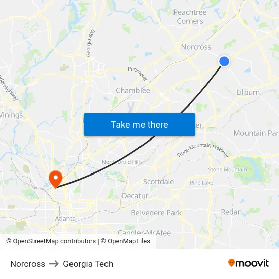 Norcross to Georgia Tech map