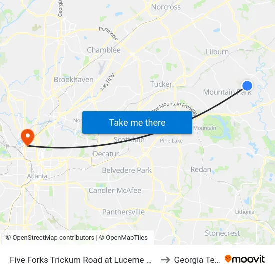 Five Forks Trickum Road at Lucerne Road to Georgia Tech map