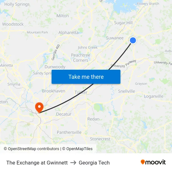 The Exchange at Gwinnett to Georgia Tech map