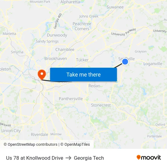 Us 78 at Knollwood Drive to Georgia Tech map