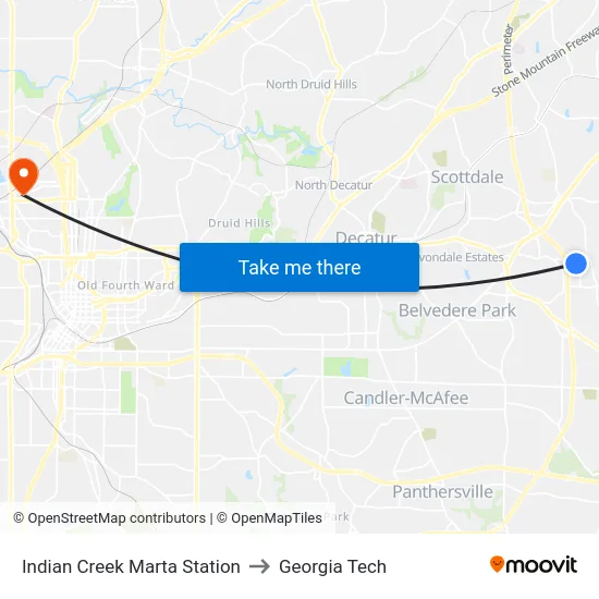 Indian Creek Marta Station to Georgia Tech map