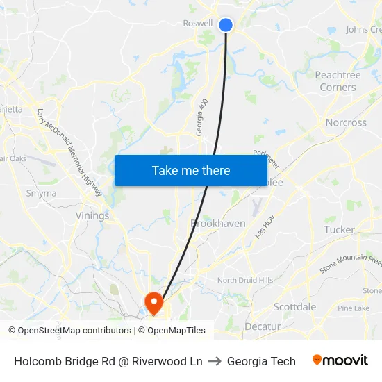 Holcomb Bridge Rd @ Riverwood Ln to Georgia Tech map