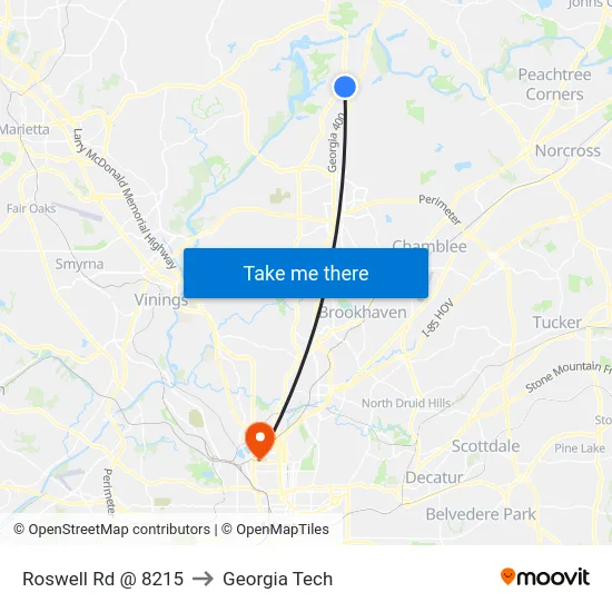 Roswell Rd @ 8215 to Georgia Tech map