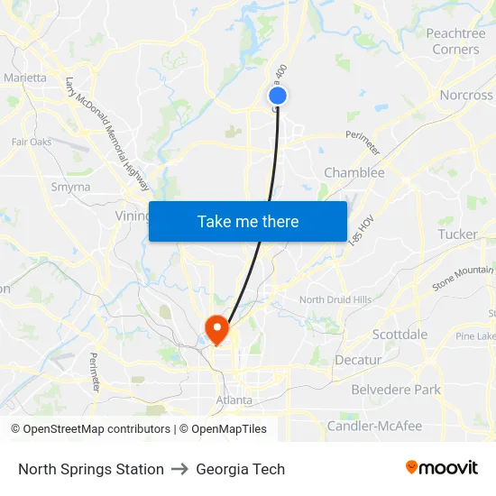 North Springs Station to Georgia Tech map