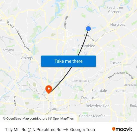 Tilly Mill Rd @ N Peachtree Rd to Georgia Tech map