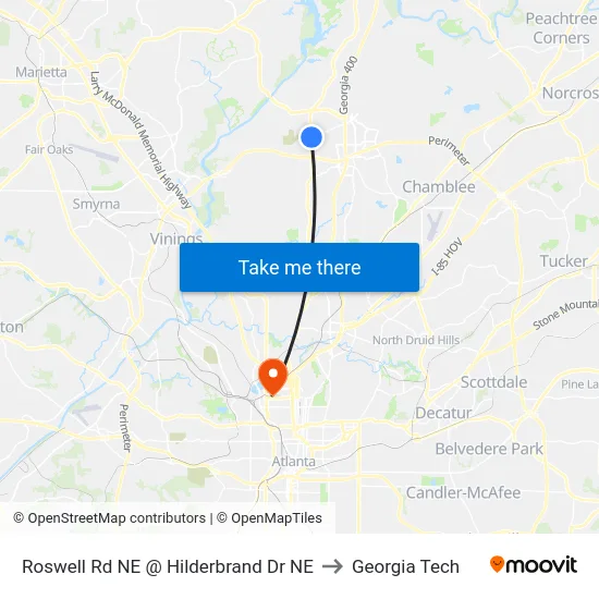 Roswell Rd NE @ Hilderbrand Dr NE to Georgia Tech map