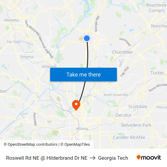 Roswell Rd NE @ Hilderbrand Dr NE to Georgia Tech map