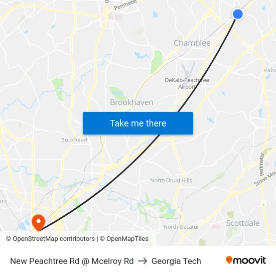 New Peachtree Rd @ Mcelroy Rd to Georgia Tech map