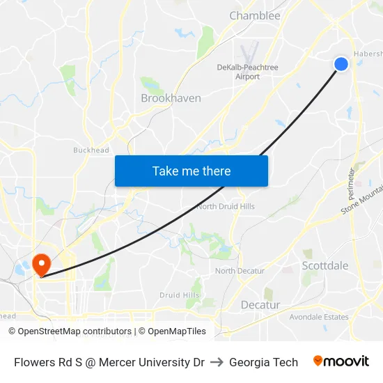 Flowers Rd S @ Mercer University Dr to Georgia Tech map