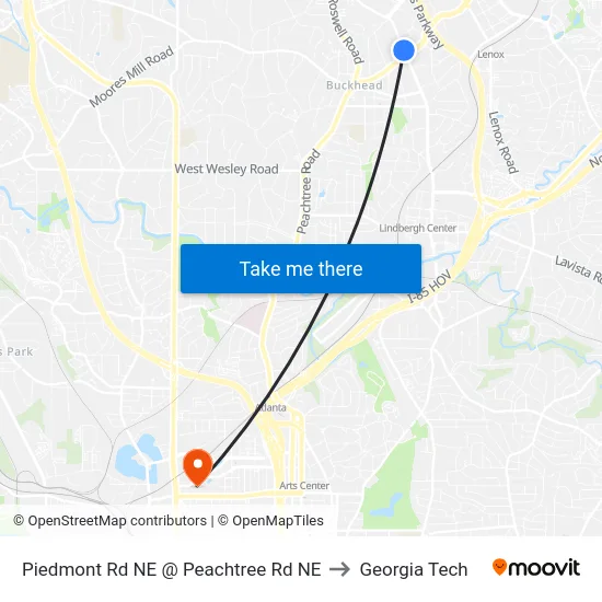 Piedmont Rd NE @ Peachtree Rd NE to Georgia Tech map