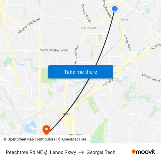 Peachtree Rd NE @ Lenox Pkwy to Georgia Tech map
