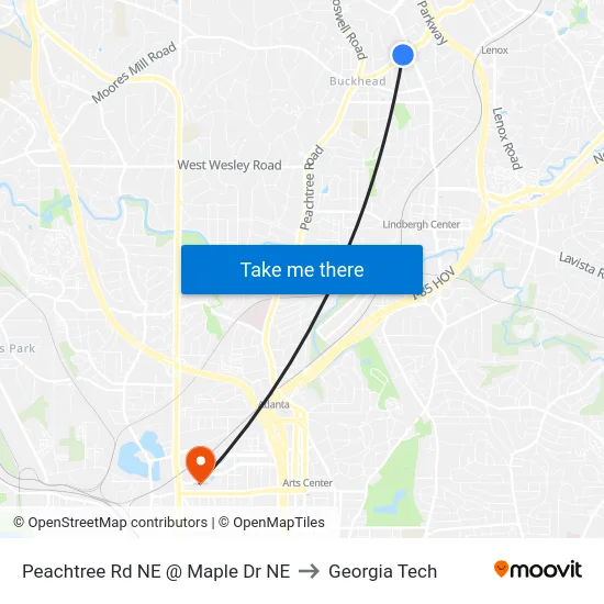Peachtree Rd NE @ Maple Dr NE to Georgia Tech map
