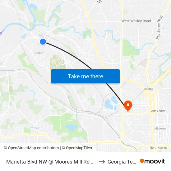 Marietta Blvd NW @ Moores Mill Rd NW to Georgia Tech map
