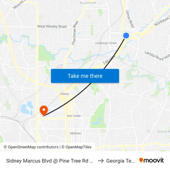 Sidney Marcus Blvd @ Pine Tree Rd NE to Georgia Tech map