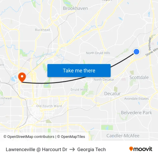 Lawrenceville @ Harcourt Dr to Georgia Tech map