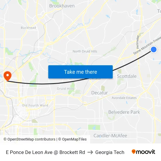 E Ponce De Leon Ave @ Brockett Rd to Georgia Tech map