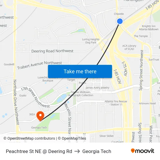 Peachtree St NE @ Deering Rd to Georgia Tech map