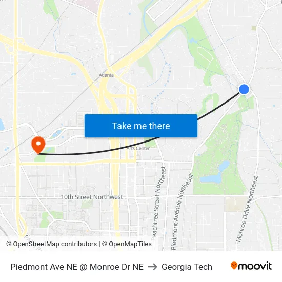 Piedmont Ave NE @ Monroe Dr NE to Georgia Tech map