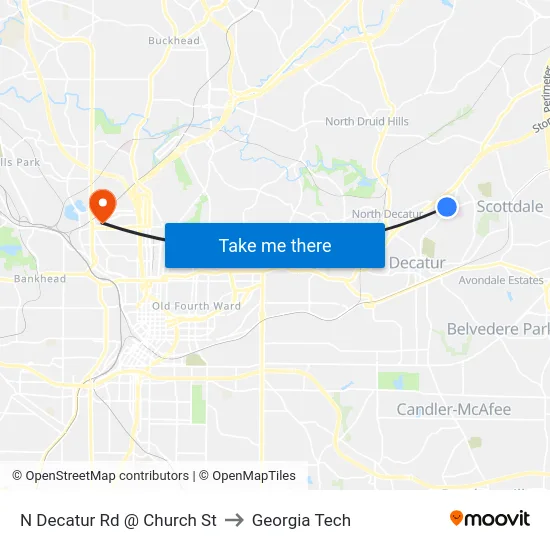 N Decatur Rd @ Church St to Georgia Tech map