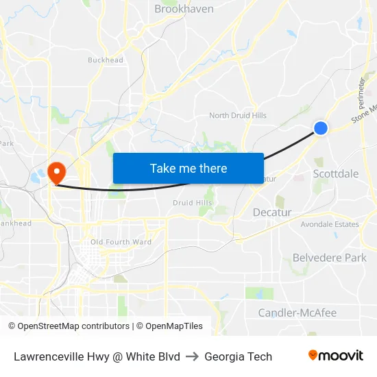Lawrenceville Hwy @ White Blvd to Georgia Tech map