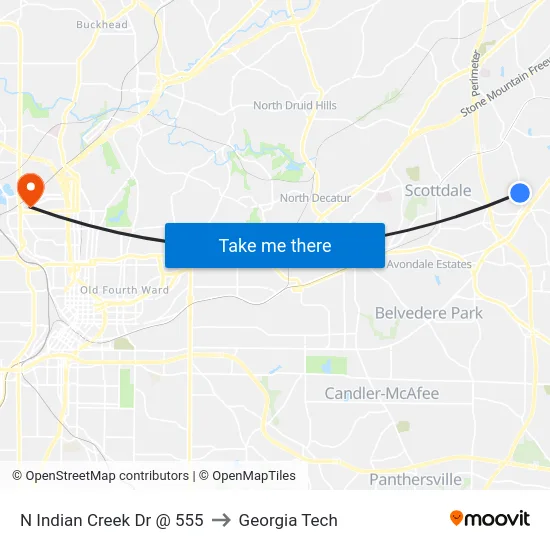 N Indian Creek Dr @ 555 to Georgia Tech map