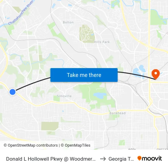 Donald L Hollowell Pkwy @ Woodmere Dr NW to Georgia Tech map