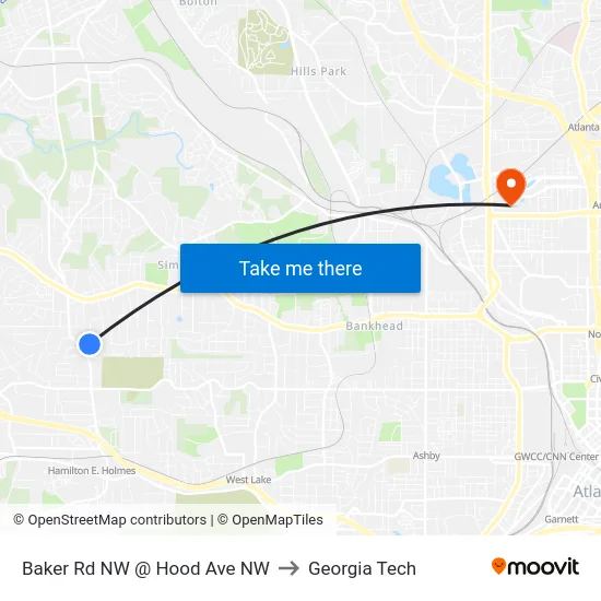 Baker Rd NW @ Hood Ave NW to Georgia Tech map