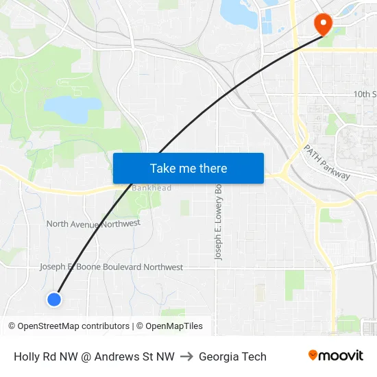 Holly Rd NW @ Andrews St NW to Georgia Tech map