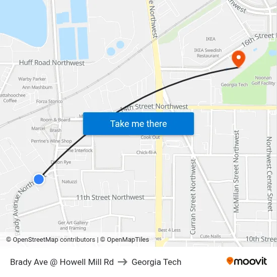 Brady Ave @ Howell Mill Rd to Georgia Tech map