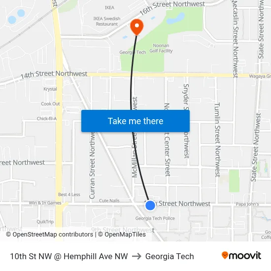 10th St NW @ Hemphill Ave NW to Georgia Tech map