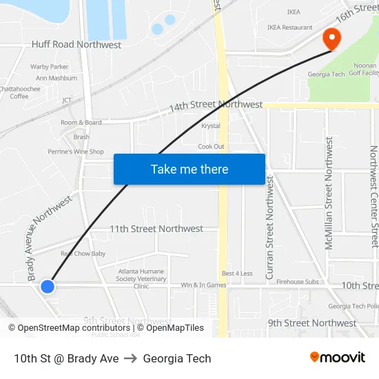 10th St @ Brady Ave to Georgia Tech map