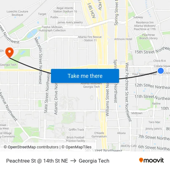 Peachtree St @ 14th St NE to Georgia Tech map