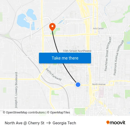 North Ave @ Cherry St to Georgia Tech map