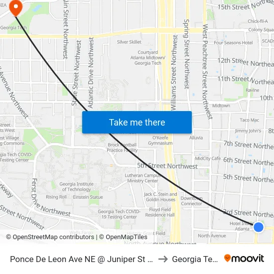 Ponce De Leon Ave NE @ Juniper St NE to Georgia Tech map