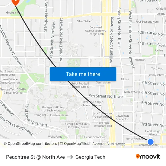 Peachtree St @ North Ave to Georgia Tech map