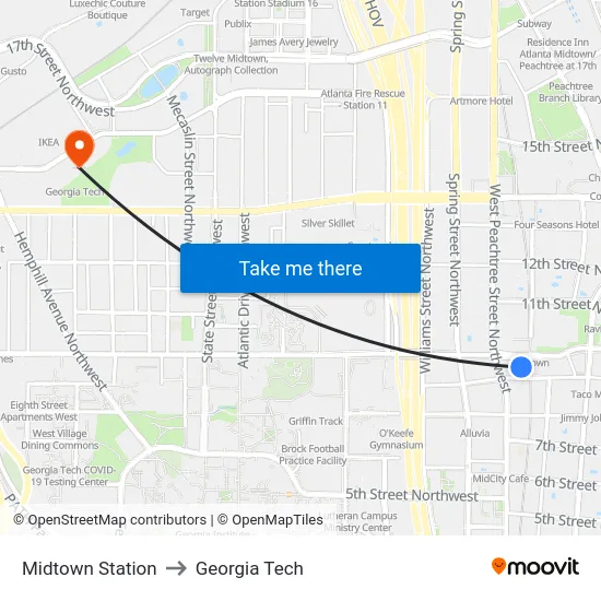 Midtown Station to Georgia Tech map