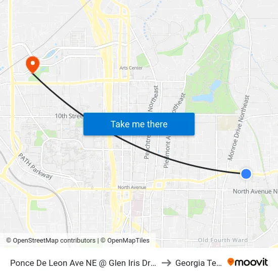 Ponce De Leon Ave NE @ Glen Iris Dr NE to Georgia Tech map