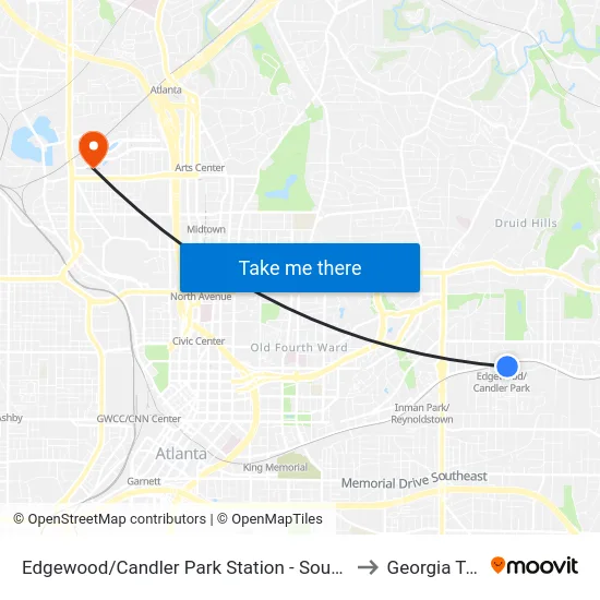 Edgewood/Candler Park Station - South Loop to Georgia Tech map